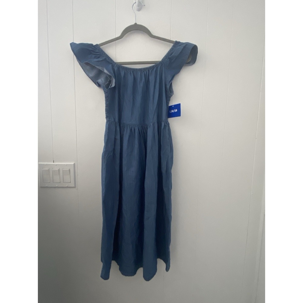 Roxy Girl Denim Chambray Flutter Sleeve Smocked Dress Girls L (14/16) NWT